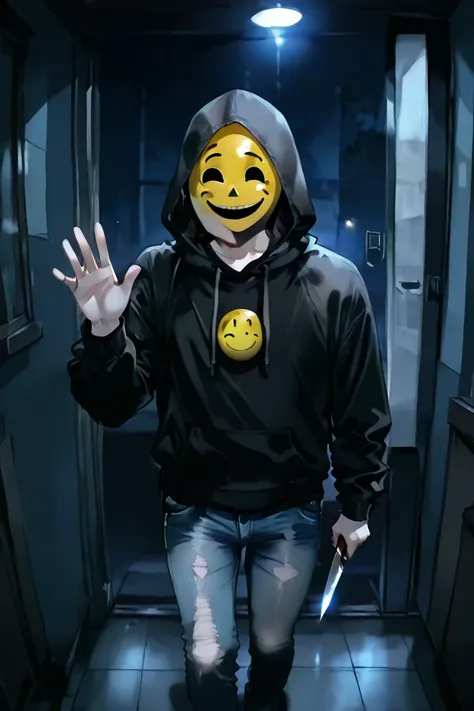 1guy, horror, no face, (((full face mask, scary mask, smiley mask))), black hoodie, hood up, jeans, knife in hand, playing with knife, stalking forward, waving, tilted head to the head, creepy, evil
