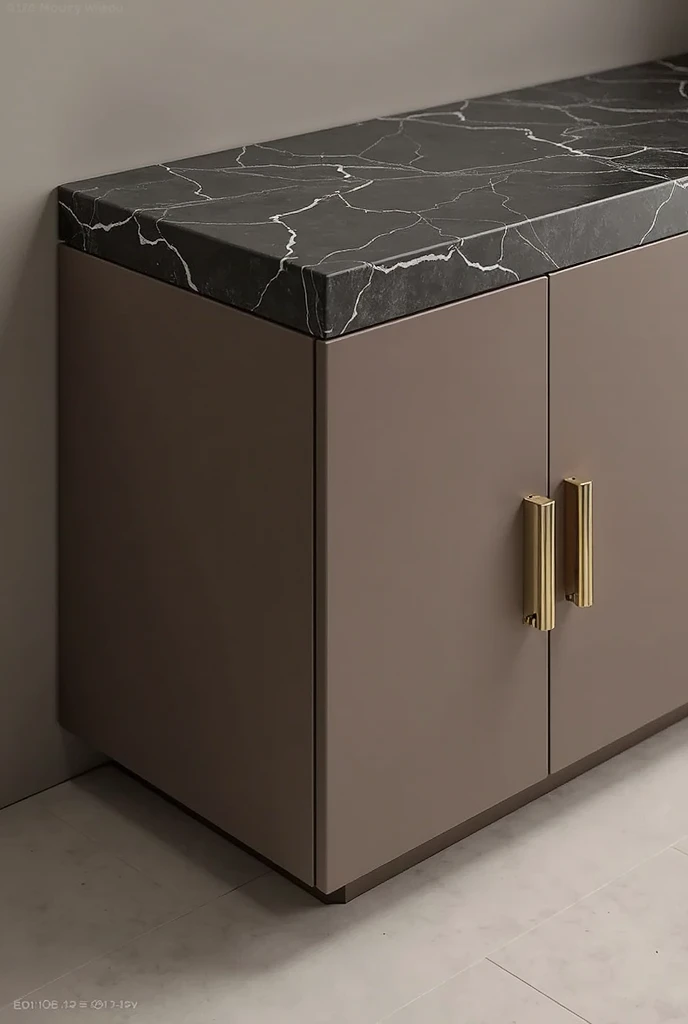 Create a, with the top in shiny brown stone with the furniture body in matte cream MDF and furniture door handles in glossy gold. 