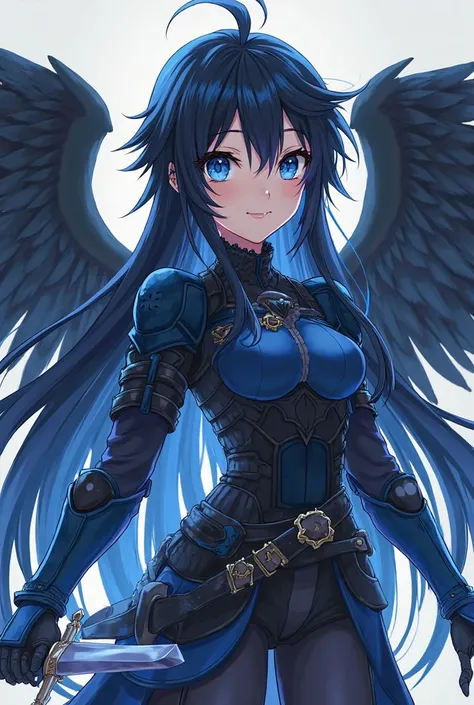 ( maximum quality, best quality,  official art , beautiful and aesthetic :1.2)  anime girl , Crow wings on the back,  blue eyes, long spiked hair in flaming blue and black, blue blouse, black and blue armor holding two daggers.
