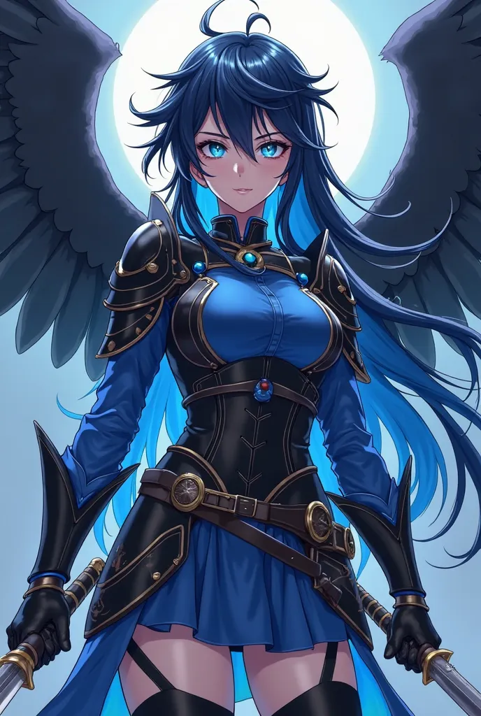 ( maximum quality, best quality,  official art , beautiful and aesthetic :1.2)  anime girl , Crow wings on the back,  blue eyes, long spiked hair in flaming blue and black, blue blouse, black and blue armor holding two daggers.
