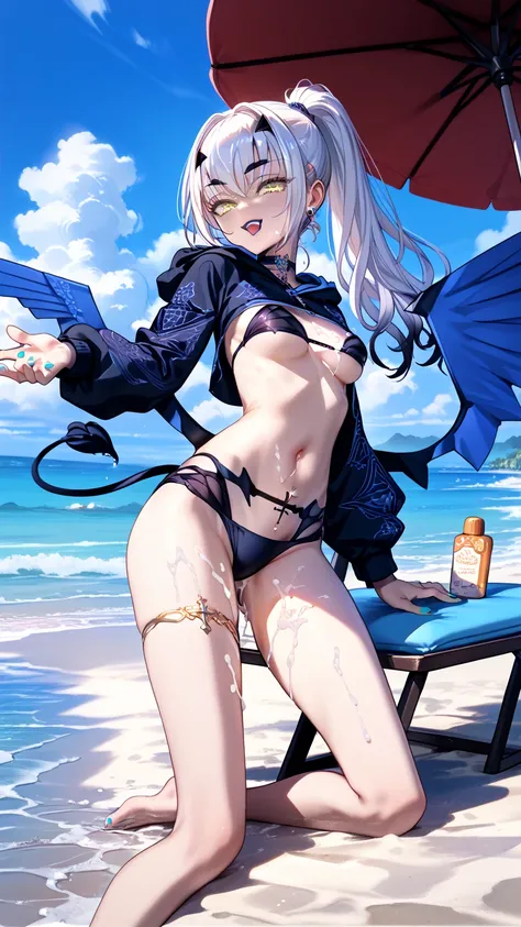 (( top quality)), (( Masterpiece)), ( Details), melusine, yellow eyes, white hair, long hair, high ponytail, sidelocks, hair ornament, forked eyebrows, black hoodie, long sleeves, dragon wings, tail, shrug \(clothing\), cropped jacket, black bikini, swimsu...