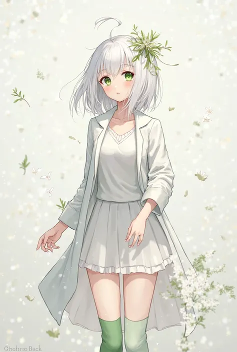 Anime woman:white hair white sweater white jacket white skirt calsetas green with white and a plant on the head