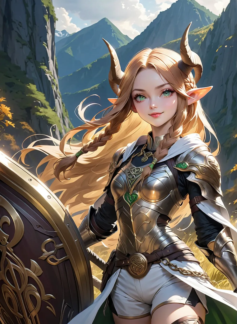 (Dungeons and Dragons), Thorough, eye focus, highest quality, (highly detailed skin), warrior pose, photo of a exquisitely beautiful pastel pale skin Tiefling, noble girl, face:(Eowyn), 21yo, leader, (wearing rich white robes), bronze armor plate, light me...