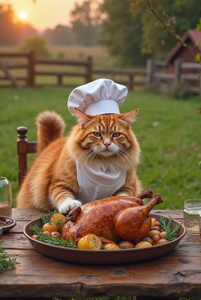 A chubby, fluffy orange cat with soft fur, white paws, and a striped tail, dressed as a chef with a white chef’s hat and a small apron, is sitting upright like a human at a rustic wooden dining table in an outdoor farm setting. In front of the cat, on a la...