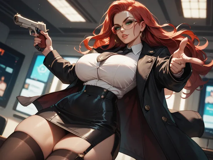 a tall red-haired woman, long hair, green eyes, large breasts, thick thighs, wearing aviator glasses, wearing a black overcoat, black tie, short skirt and dark tights with both hands holding a pistol pointing at the screen