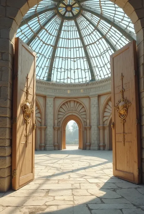 We passed through a kind of circular square with a glass roof that was divided into seven light-colored wooden gates with the coat of arms of the five groups surrounding the two doors without any props.. 