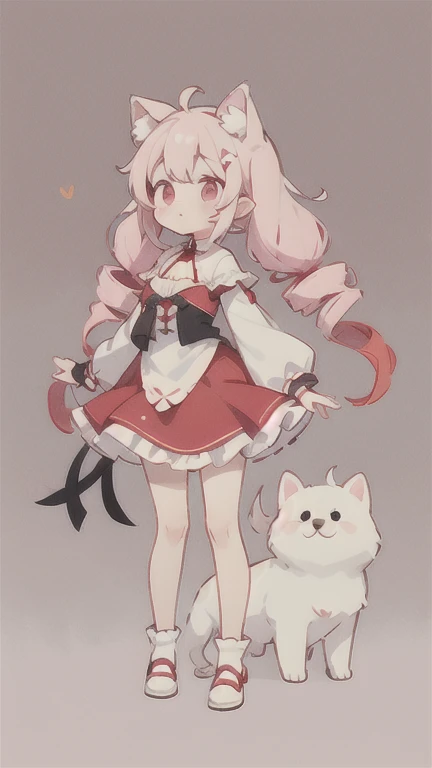 Droopy white dog ears 　高い位置の drill twin tail　 pink eyes　cuteデザイン,  the most beautiful girl I've ever seen、 deformed　 plain background　, drill twin tail,  light pink hair　Droopy white dog ears , Put a red ribbon on your hair　 drill twin tail　、(( full body l...