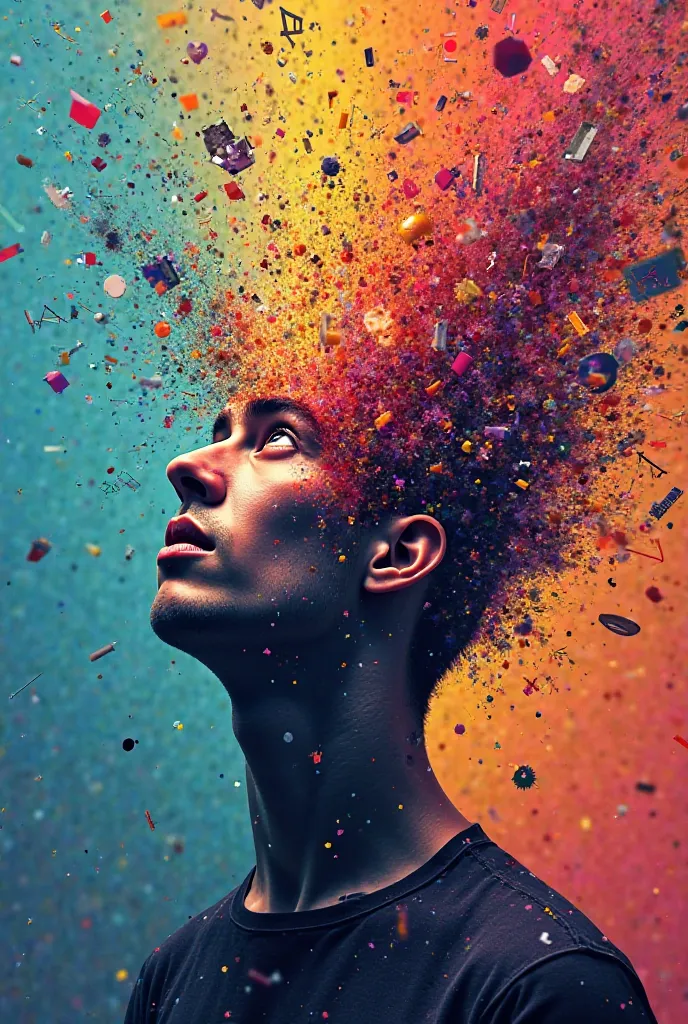 Exploded head of a man full of ideas random equation and formula outburst  abstract neon rainbow background 