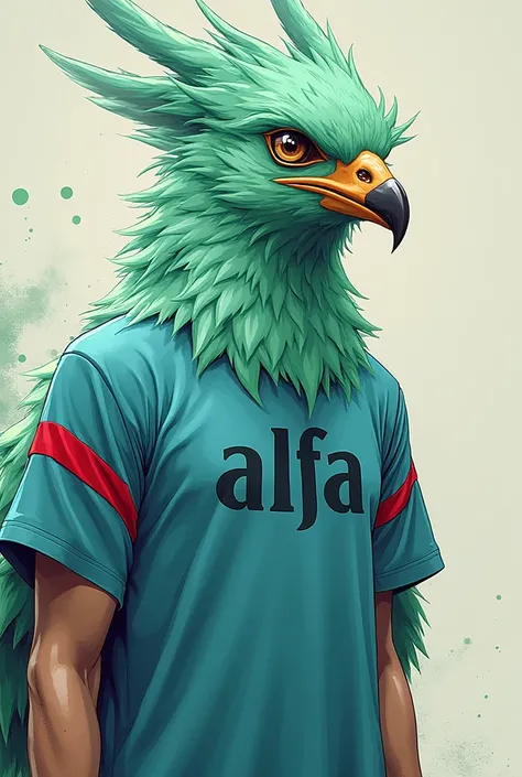 A phoenix bird, light green color, type teal, with a short sleeve blue t-shirt, with red lines on the bottom of the sleeves and with the letters ALFA on the t-shirt in teal
