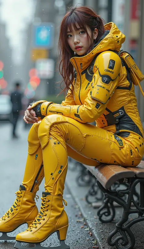 photo-realistic, ultra-realistic, very beautiful Japanese futuristic soldier, famous Japanese idol, dramatic scene, masterpiece, beautiful eyes, dark auburn hair, wearing yellow high heel ice skates , sitting on a bench on the street , (cyber punk glossy i...