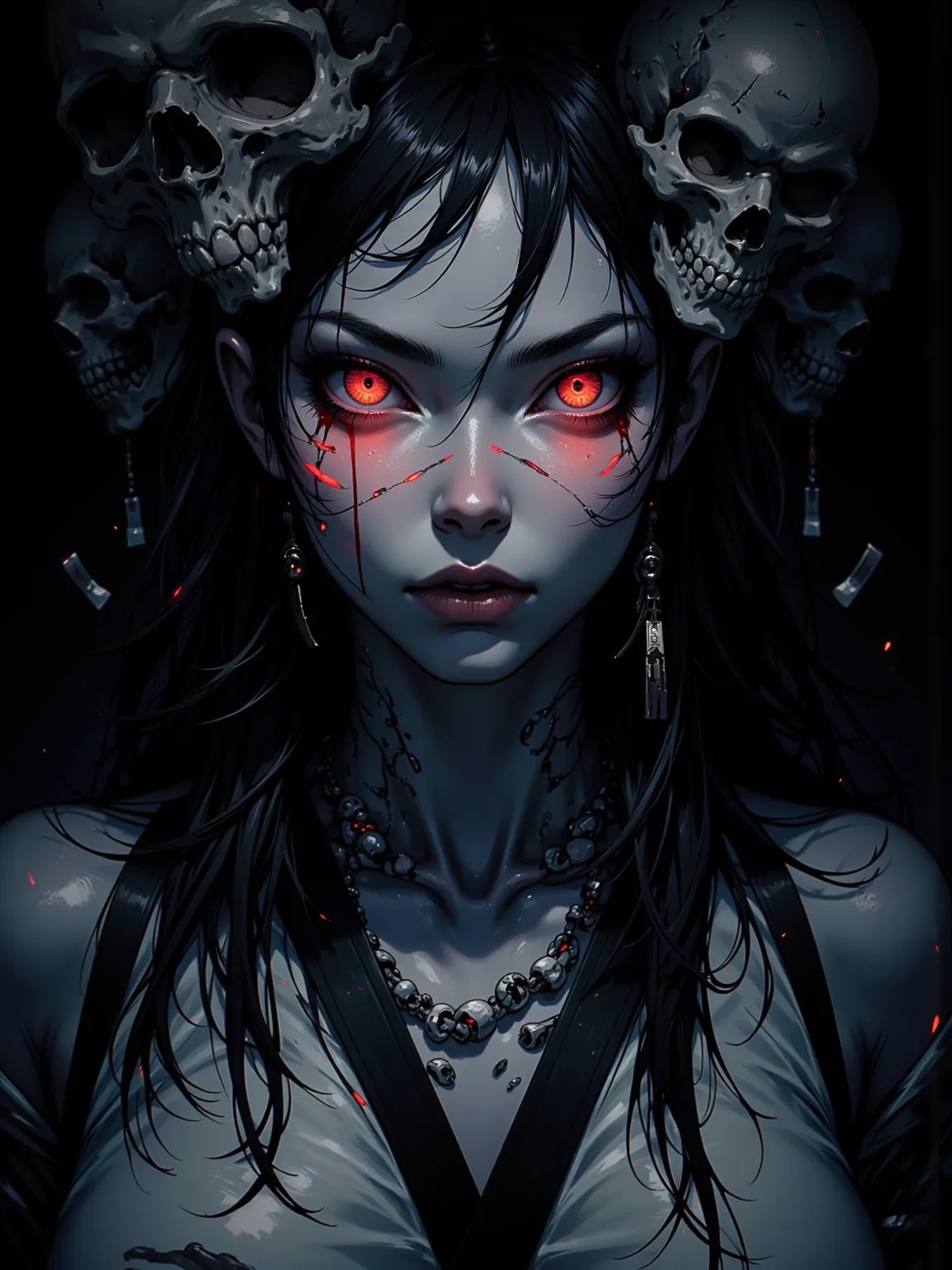 of her face and upper body， Shows a Mighty Witch，A striking close-up portrait。of her face and upper body，emits ominous spirit energy—there are plenty of skulls and bones，A striking close-up portrait，creates a chilling atmosphere。