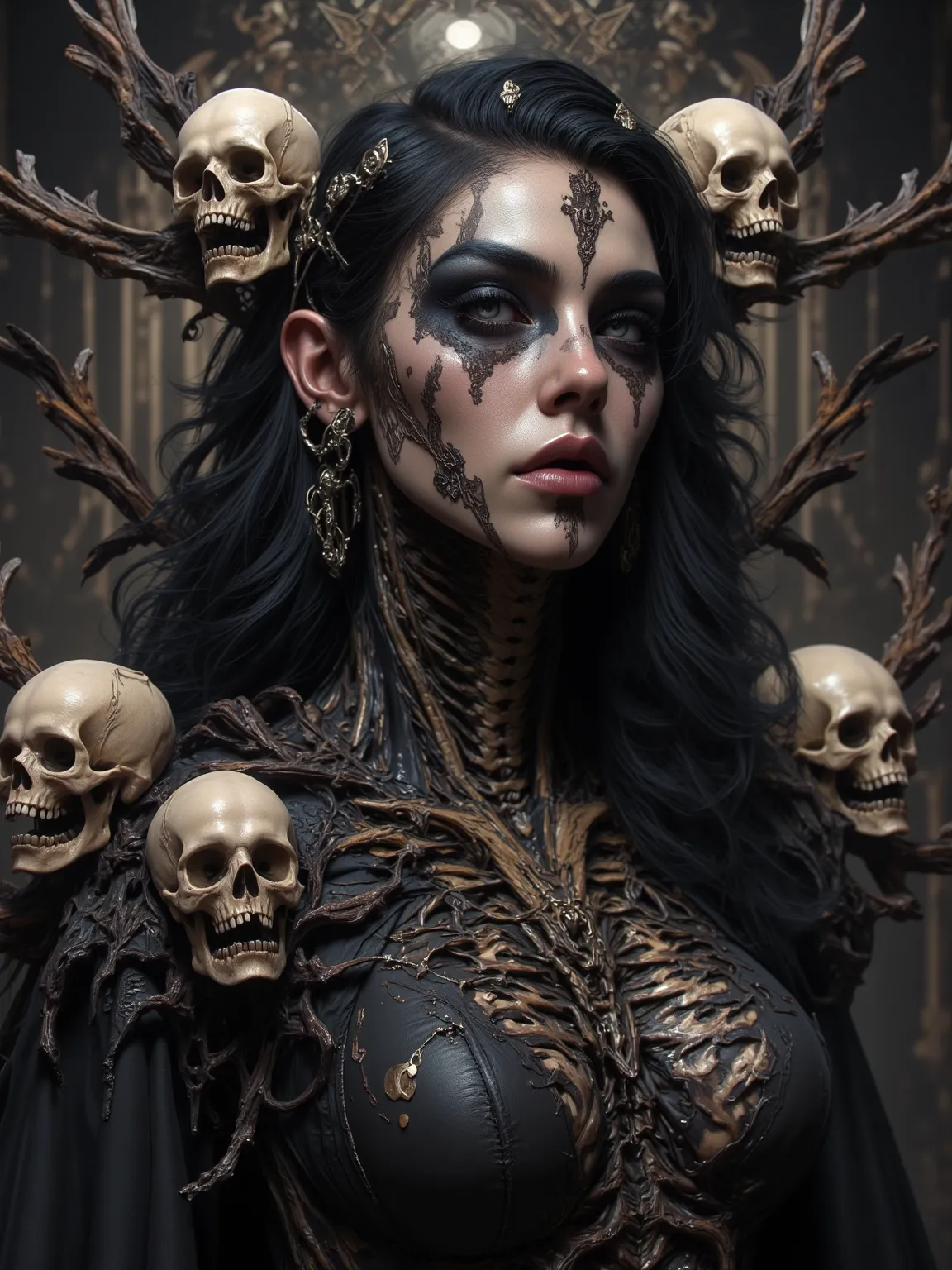 of her face and upper body， Shows a Mighty Witch，A striking close-up portrait。of her face and upper body，emits ominous spirit energy—there are plenty of skulls and bones，A striking close-up portrait，creates a chilling atmosphere。