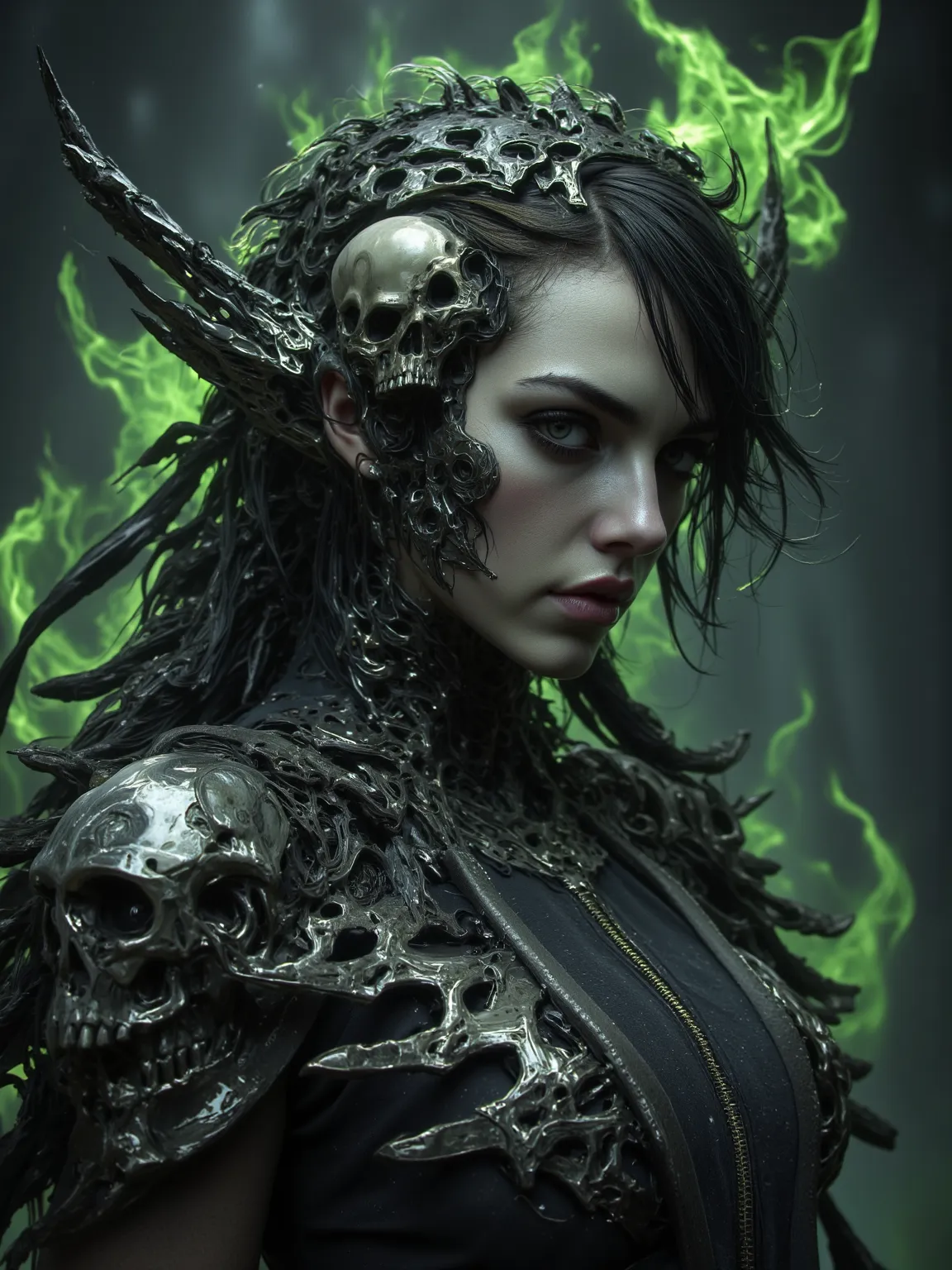 of her face and upper body， Shows a Mighty Witch，A striking close-up portrait。of her face and upper body，emits ominous spirit energy—there are plenty of skulls and bones，A striking close-up portrait，creates a chilling atmosphere。