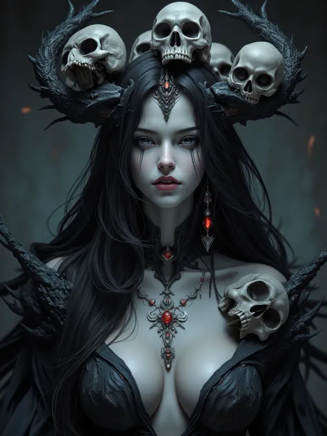 of her face and upper body， Shows a Mighty Witch，A striking close-up portrait。of her face and upper body，emits ominous spirit energy—there are plenty of skulls and bones，A striking close-up portrait，creates a chilling atmosphere。