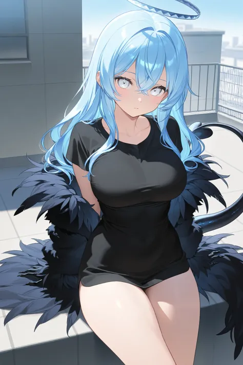 Best Picture Quality、high resolution、diamond blue hair、White Eyes、Feather coat、 day、Alien Tail、rooftop、 black t-shirt、Beautiful breasts、 best thighs、Straight face、 long hair、