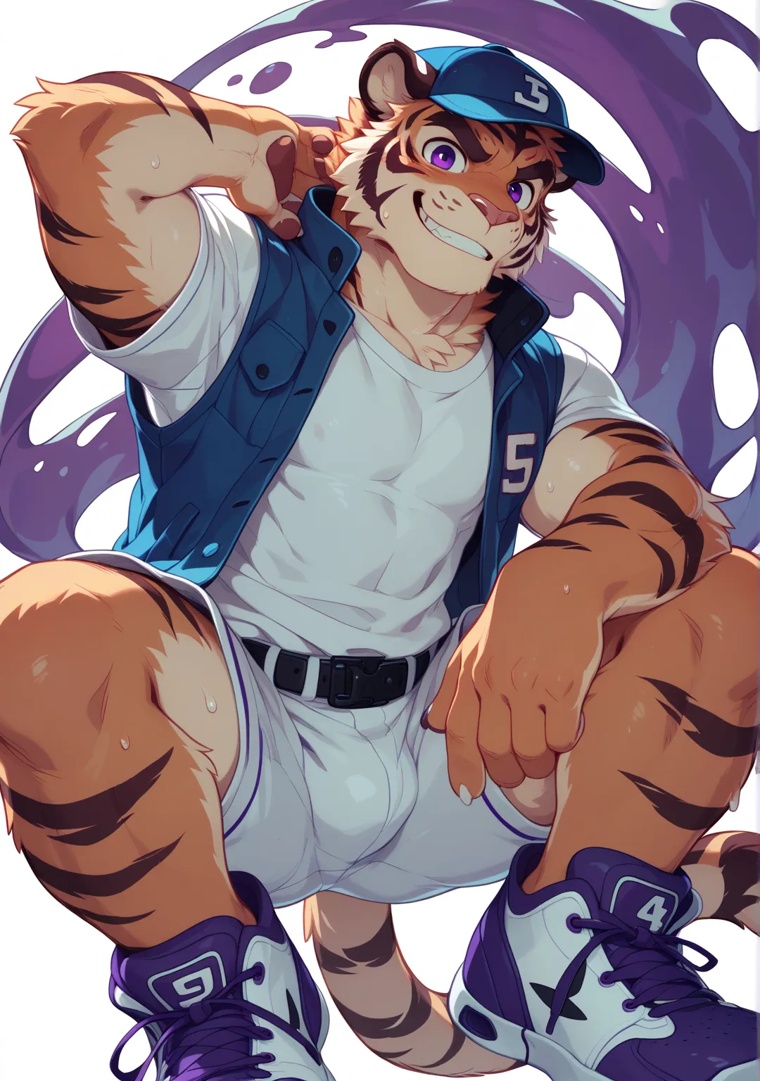  Best Quality, high quality, ultra high resolution, Fine eyes, Exquisite Face ,5 fingers,sneakers,White Paws ,Smile,tiger,Baseball Boy,Side Open Vest,purple eyes,side,nipple, Baseball Cap ,thin,20 years old, Shota,Sweat,tiger尾巴,null-ghost,Takemoto Arashi