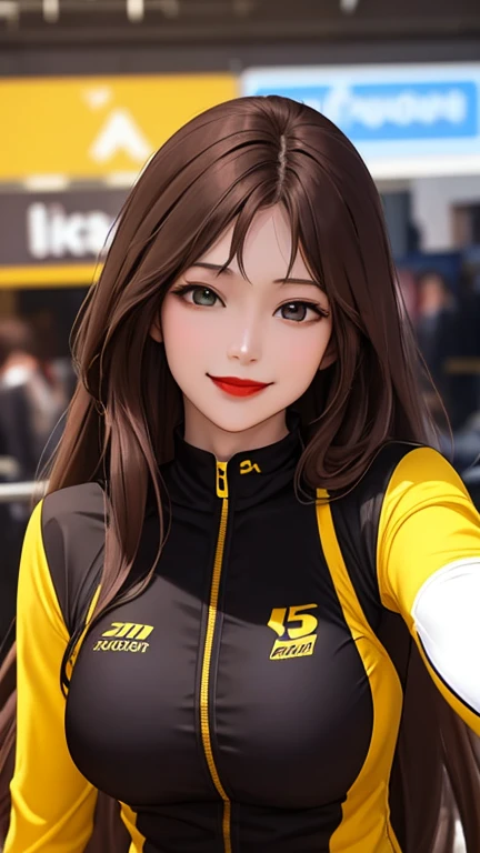 woman , long hair brown, normal, she is solo, from alternative world ,best quality, realistic, cycling (full dark yellow) suit and cycling sports black shorts, she is stand , smile, red lipstick , 