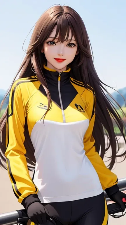 woman , long hair brown, normal, she is solo, from alternative world ,best quality, realistic, cycling (full dark yellow) suit and cycling sports black shorts, she is stand , smile, red lipstick , 