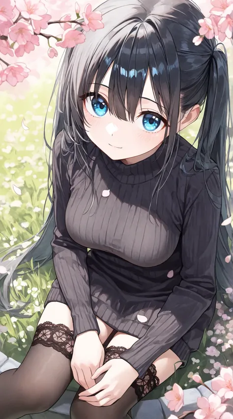 (pastel, watercolor),  cherry blossoms in full bloom, petal effect,siting on the grass, hugging own legs, knees together feet apart, (from above, upper body, light smile, upturned eyes, light blush, sweater dress, long dress,  zettai ryouiki , lace-trimmed...