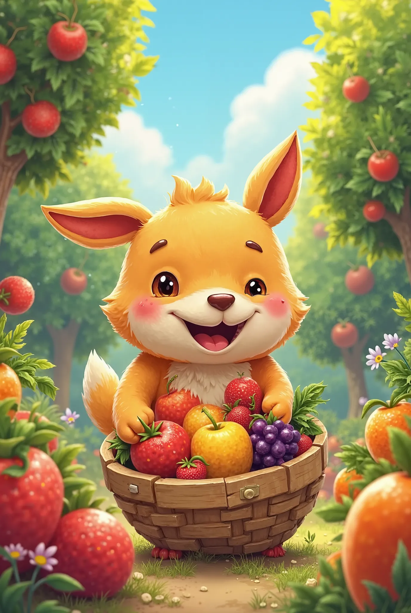 A cartoon character collecting fruits 