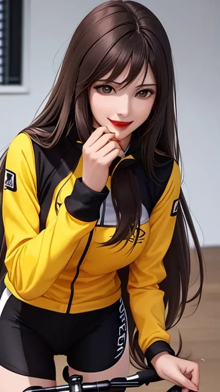 woman , long hair brown, normal, dark, she is solo, from alternative world ,best quality, realistic, cycling (full dark yellow) suit and cycling sports black shorts, she is stand , smile, red lipstick , 