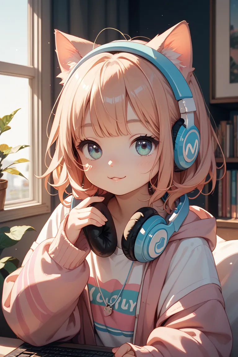 Cat ear girl, put on headphones, cute, Young,  Hair