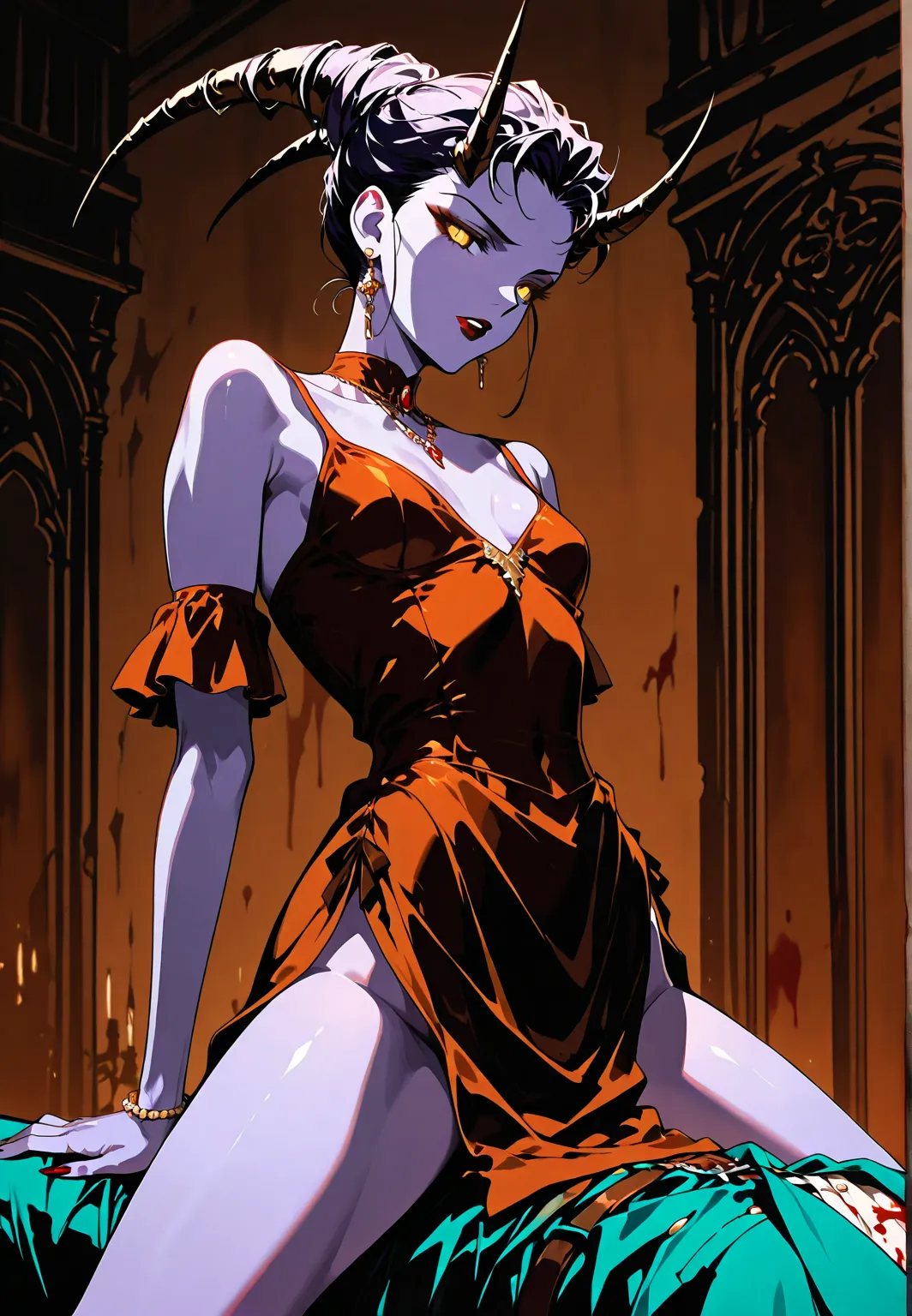  demon girl , purple skin, Horns ,  elegant clothes, small breasts, Elegant Jewelry, aggressive, brown, ( on top of a man). Background: Castle corridors, blood. dark atmosphere