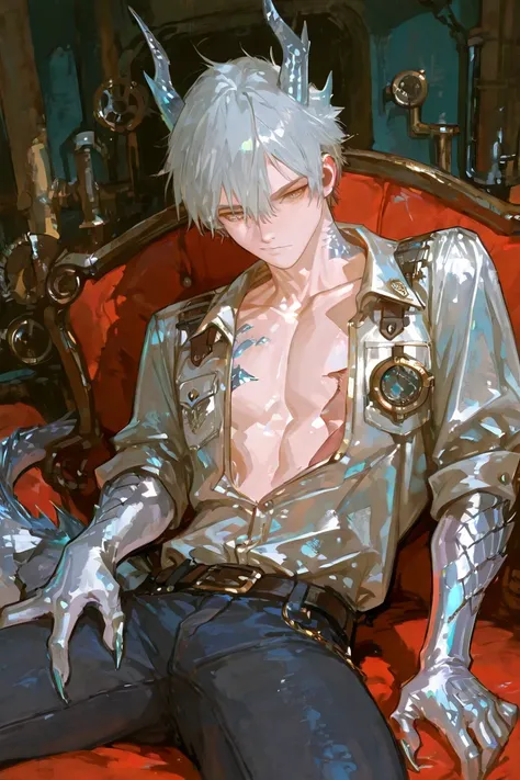 masterpiece, newest, absurdres, safe Solo, high detailed, male, handsome masculine male, Sexy male. Masculine male. Handsome Male, sexy male, Seductive, silver dragon boy, dragon horns, silver arms scales, silver claws, exposed chest, elegant clothing, ste...