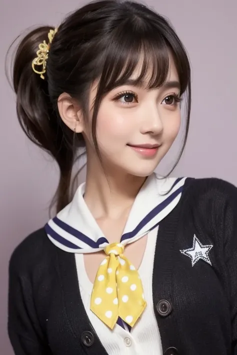 ,  1 girl, Alone,  tea hair, heart,   hair ornament,  school uniform ,  side ponytail , smile,  viewers,  neckerchief ,  upper body, heart   hair ornament,  cardigan, Sailor color, Sera Clothing, black Sailor color, bangs,  yellow eyes,  Closed Mouth,  lon...