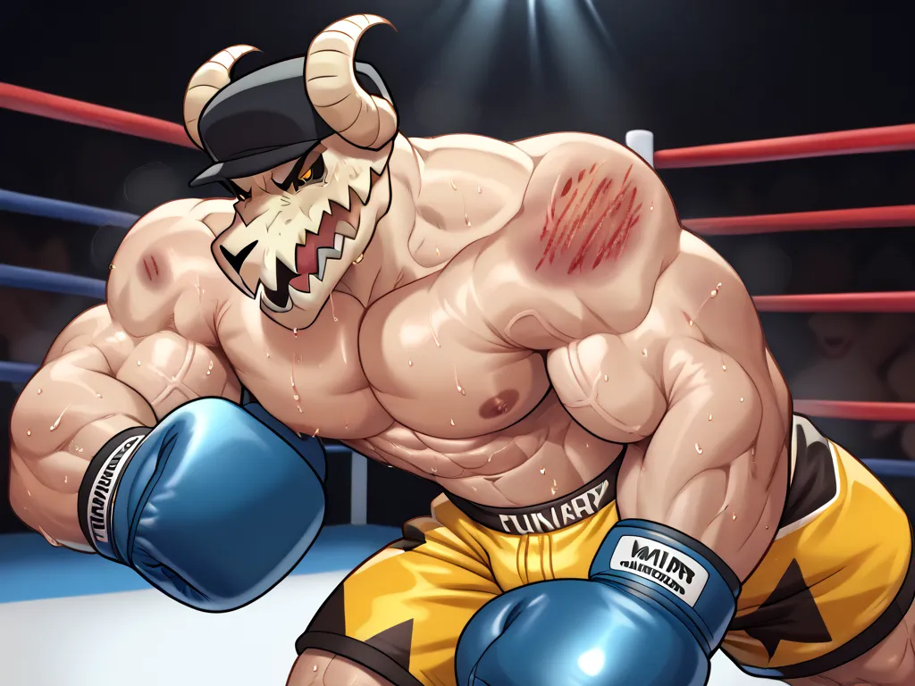 wrestling ring stadium scene, Tabi-FNF ((muscular, skull goat, pale body skin, black boxing gloves with golden pattern, black boxing shorts, black sclera and yellow eyes, sweat, angry, bruised))