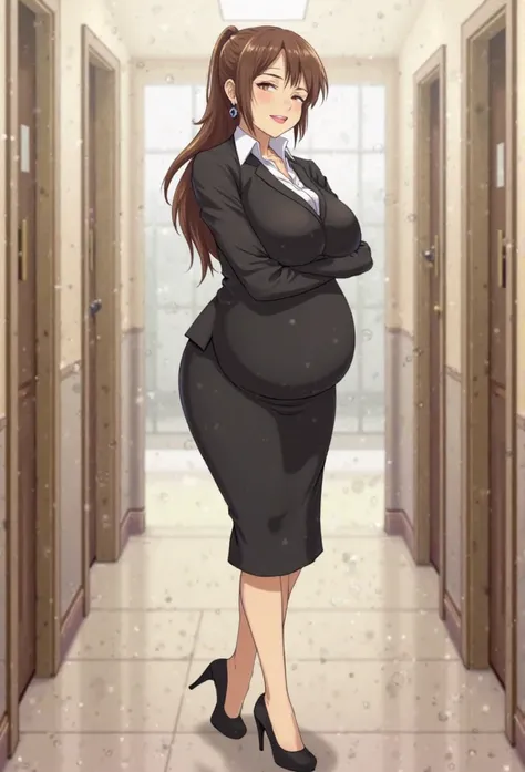 masterpiece,best quality,amazing quality,1girl, milf, breasts, mature female, azuma hisato_(himawari no yoru ni saku), black jacket suit, tight black pencil skirt, black high heels, white collared shiet, solo, jewelry, plump lips, low ponytail, huge breast...