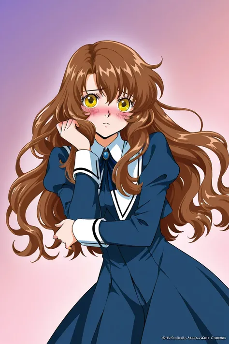 SupermaA girl that is an student. She has long wavy Brown hair with shiny golden eyes with blue dress uniform. She is confused, but blushing nervous. Kind. Clamp Tsubasa chronicles art style.n y Batman en arte de lego, noche