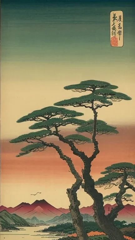 Katsushika Hokusai-style ukiyo-e、Japanese painting depicting three trees: pine, bamboo, and plum、 Landscape、 there are no people