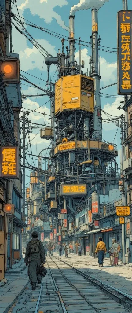 Massive Factory,cyberpunk,mechanical,Piping,vapor,line,Railway,Tram,tackle,gear,soot,advertising signs line up,Talk to a dynamic microphone fixed to the ,movie poster, magazine cover ,big title ,big logo 