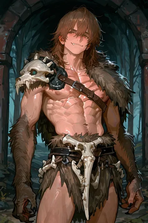 masterpiece, newest, absurdres, safe Solo, high detailed, male, handsome masculine male, Sexy male. Masculine male. Handsome Male, sexy male, Seductive, brown hair, long messy hair, werewolf male, black claws, fur arms, brown arm furs, exposed chest, skirt...