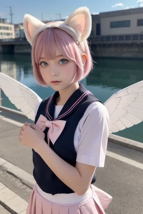  ski style,  One Girl , Alone,  pink hair,  animal ears ,  blue eyes, Wings,  looking , bangs,  short hair, bow,  sailor color , white  sailor color , hair bow, pink bow,  Closed Her Mouth ,  shirt, white  shirt, bear ears,  bob cut, Mini Wing,  portrait, ...