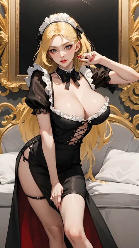 ( masterpiece:1.2, need), (Real shot, Exquisitely carved),  big natural breasts , 1 Female, blond hair, long hair, Sexy Sheer Plunging Deep V Provocative Maid Outfit, short micro skirt, high heel sandals, Manicure