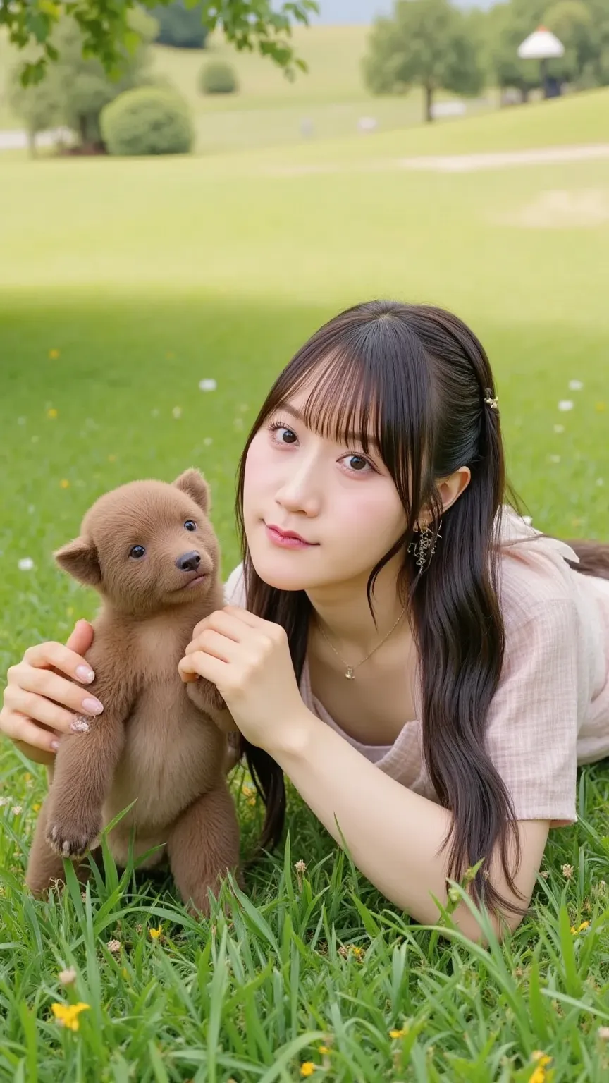 "A cute Japanese woman with delicate features and long, flowing hair is lying on a grassy meadow, wearing an off-shoulder dress. She is playfully interacting with a small bear cub, gently touching its fur while smiling. The sunlight casts a warm glow over ...