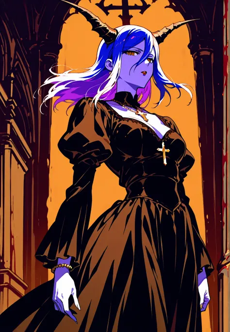  demon girl , purple skin, Horns ,  elegant clothes, average sines, Elegant Jewelry, aggressive, brown, (Above a priest). Background: Castle corridors, blood. dark atmosphere