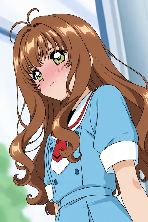 A girl that is an student. She has long wavy Brown hair with shiny golden eyes with blue dress uniform. She is confused, but blushing nervous. Kind. SAKURA CARD CAPTOR art style.