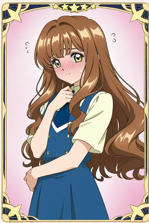 A girl that is an student. She has long wavy Brown hair with shiny golden eyes with blue dress uniform. She is confused, but blushing nervous. Kind. SAKURA CARD CAPTOR art style.