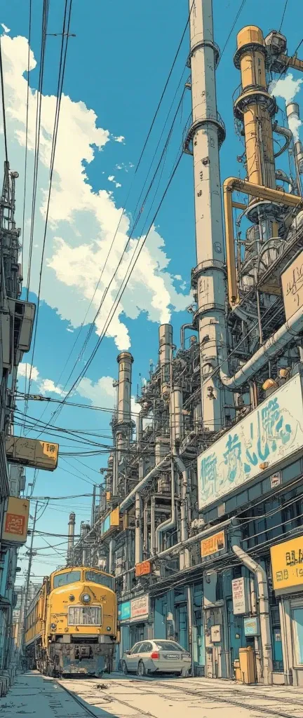 Massive Factory,Cyberpunk,mechanical,Piping,vapor,line,Railway,Tram,tackle,gear,soot,blue sky,cloud,advertising signs line up,Talk to a dynamic microphone fixed to the ,movie poster, magazine cover ,big title ,big logo 