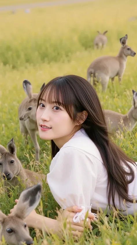 "A charming Japanese woman with delicate features and long, flowing hair is lying down in the vast Australian grasslands, playfully interacting with a group of kangaroos. She is wearing a cool-toned, elegant summer dress that flows gently with the breeze. ...