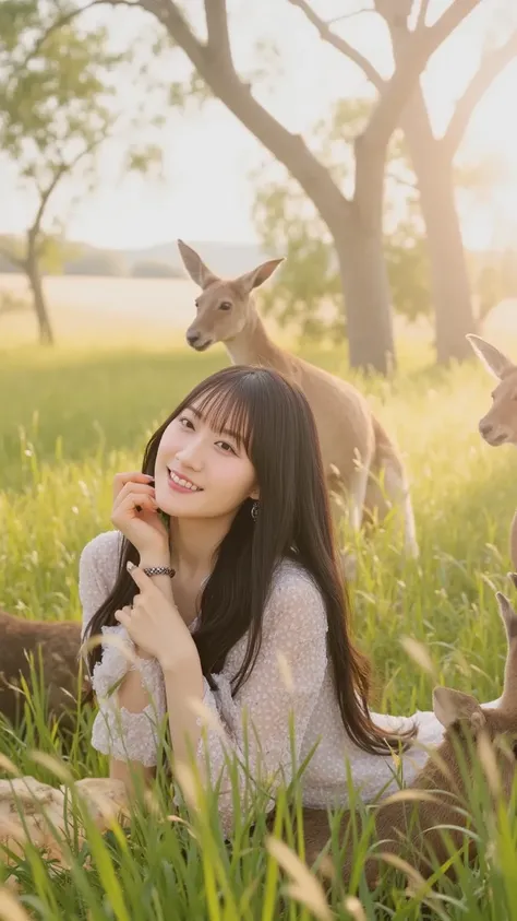 "A charming Japanese woman with delicate features and long, flowing hair is lying down in the vast Australian grasslands, playfully interacting with a group of kangaroos. She is wearing a cool-toned, elegant summer dress that flows gently with the breeze. ...