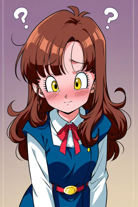 A girl that is an student. She has long wavy Brown hair with shiny golden eyes with blue dress uniform. She is confused, but A LITTLE BIT blushing nervous. Kind. DRAGON BALL Z art style.