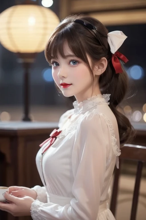 ( very delicate and beautiful: 1.2),  1 girl, bangs, blue eyes, Blur, Blur background, bow,  tea hair, shut up, Side View,  hair between eyes , hair bow,  lantern,  light particles,   long sleeve ,  watch the audience,  medium hair ,   knight , red bow, Al...