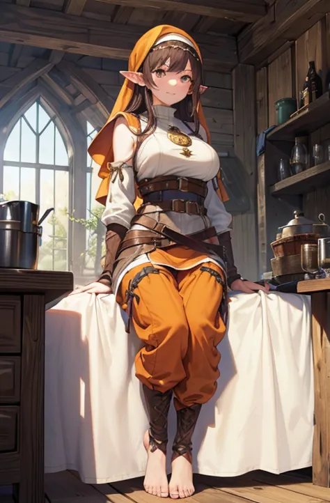 A beautiful village woman with a gentle smile, ((best quality))) (((HD))) (((8k))) (character) 20-year-old woman, ((adventurous)), freckles, elf, short stature and plump, magical, ((large breasts:1.2)), (very wide hips:1.2), ((long pointy ears:1.2)), (dark...