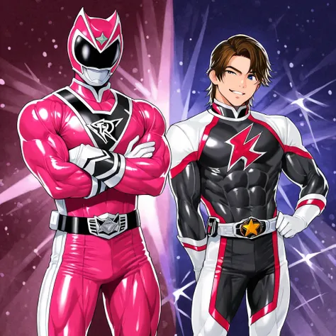 Cool and handsome face Japanese beautiful sexy young host 18 years old, host handsome, beautiful attractive young sentai hero, shiny power ranger costume, 18 years old, toned muscles, cool and handsome face,, hair long enough to cover one eye.