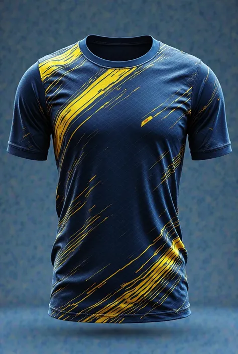 Create a dark blue volleyball shirt with lots of yellow and white lines 