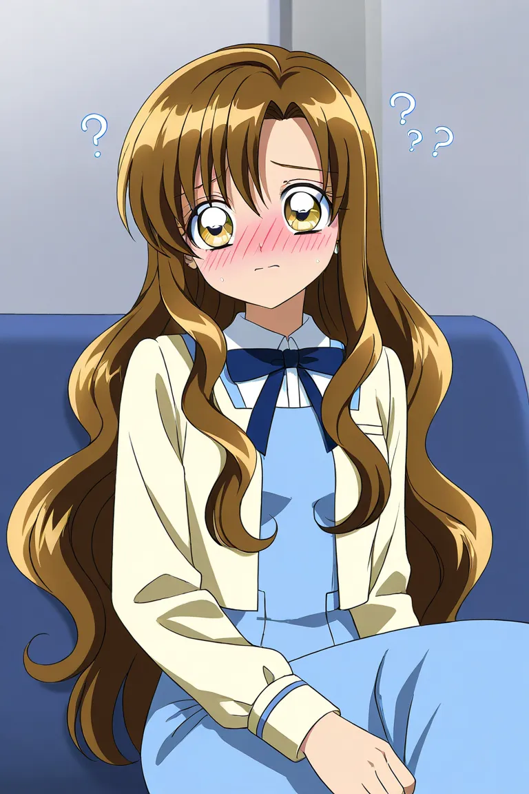 A girl that is an student. She has long wavy Brown hair with shiny golden eyes with blue dress uniform. She is confused, but blushing nervous. Kind. MERMAID MELODY art style.